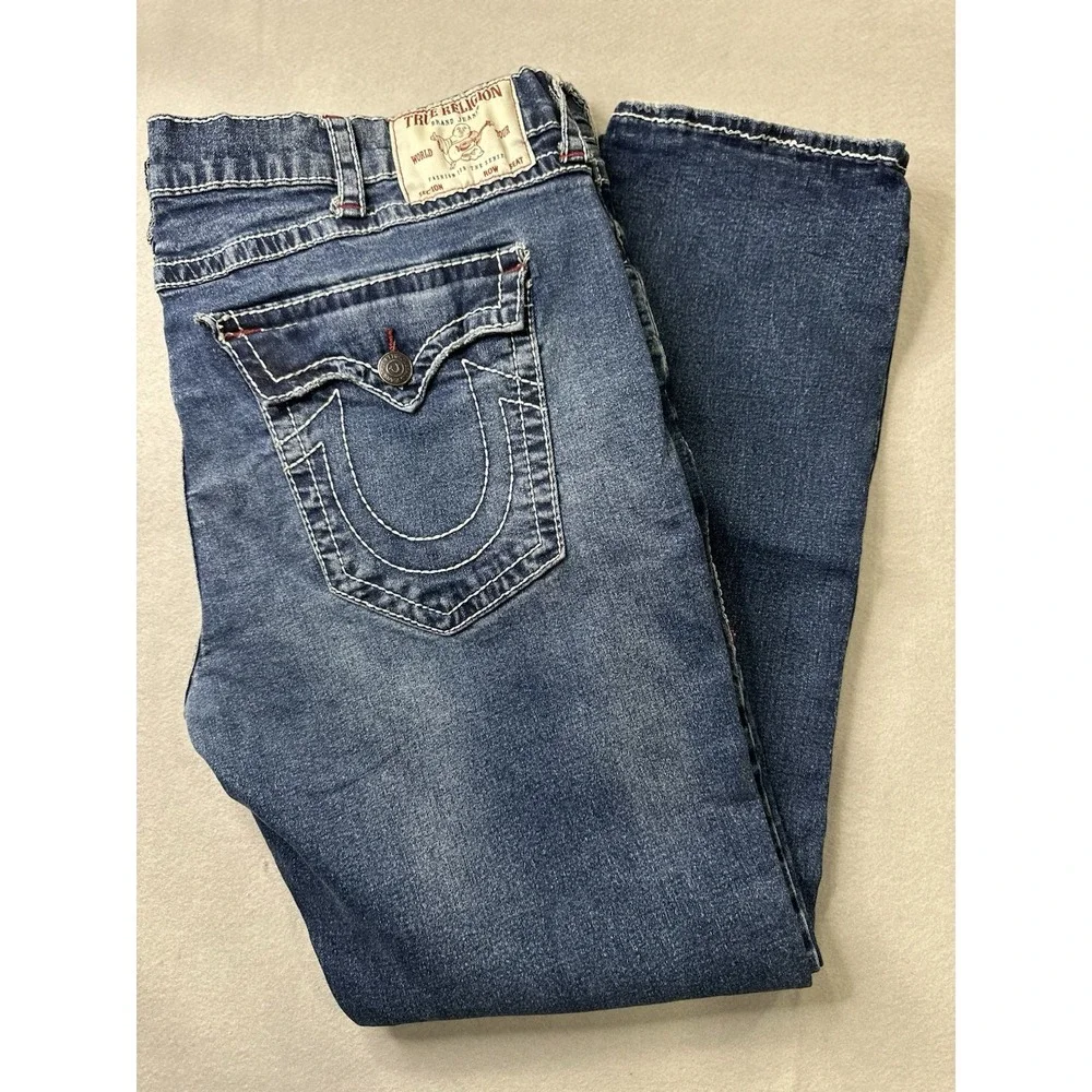 True Religion Jeans Mens 44x32 Blue Ricky Straight Flap Whisker Y2k World Tour